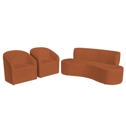 Kit Sofá Curvo Amsterdã 160cm e 2 Poltronas Luiza Max Suede Terracota