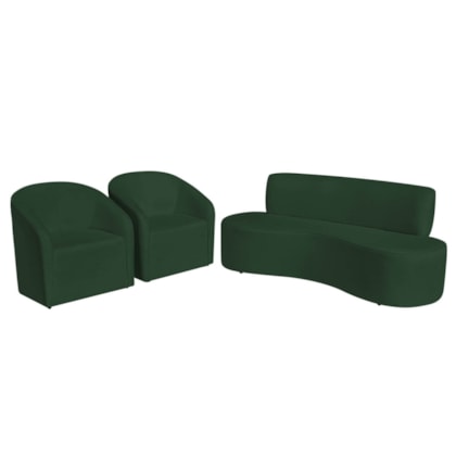 Kit Sofá Curvo Amsterdã 160cm e 2 Poltronas Luiza Max Suede Verde