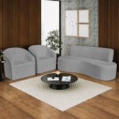 Kit Sofá Curvo Amsterdã 180cm e 2 Poltronas Luiza Max Bouclé Cinza