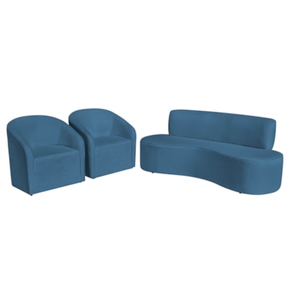 Kit Sofá Curvo Amsterdã 180cm e 2 Poltronas Luiza Max Linho Azul Royal