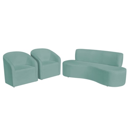 Kit Sofá Curvo Amsterdã 200cm e 2 Poltronas Luiza Max Suede Azul Tiffany