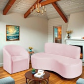 Kit Sofá Curvo Amsterdã 200cm e Poltrona Luiza Max Suede Rosa Bebê