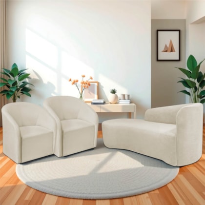 Kit Sofá Curvo França 140cm L.E e 2 Poltronas Luiza Max Conforto, Elegância e Design Moderno Bouclé Bege