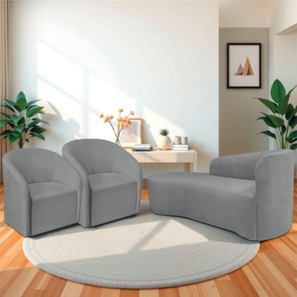 Kit Sofá Curvo França 140cm L.E e 2 Poltronas Luiza Max Conforto, Elegância e Design Moderno Bouclé Cinza