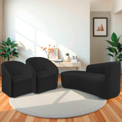 Kit Sofá Curvo França 140cm L.E e 2 Poltronas Luiza Max Conforto, Elegância e Design Moderno Bouclé Preto