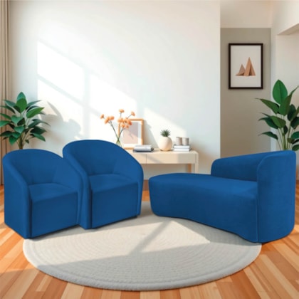 Kit Sofá Curvo França 140cm L.E e 2 Poltronas Luiza Max Conforto, Elegância e Design Moderno Linho Azul Royal
