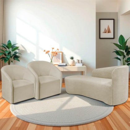 Kit Sofá Curvo França 140cm L.E e 2 Poltronas Luiza Max Conforto, Elegância e Design Moderno Linho Bege