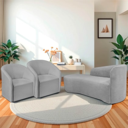 Kit Sofá Curvo França 140cm L.E e 2 Poltronas Luiza Max Conforto, Elegância e Design Moderno Linho Cinza Claro