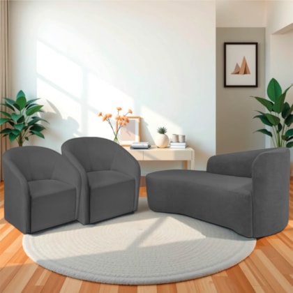 Kit Sofá Curvo França 140cm L.E e 2 Poltronas Luiza Max Conforto, Elegância e Design Moderno Linho Cinza Escuro