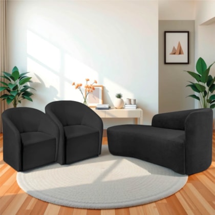 Kit Sofá Curvo França 140cm L.E e 2 Poltronas Luiza Max Conforto, Elegância e Design Moderno Linho Preto