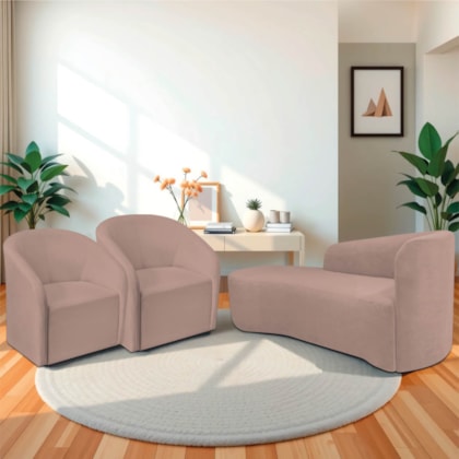 Kit Sofá Curvo França 140cm L.E e 2 Poltronas Luiza Max Conforto, Elegância e Design Moderno Linho Rose