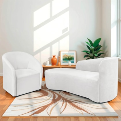 Kit Sofá Curvo França 140cm L.E e Poltrona Luiza Max Conforto, Elegância e Design Moderno Bouclé Branco