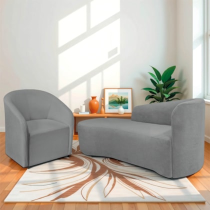 Kit Sofá Curvo França 140cm L.E e Poltrona Luiza Max Conforto, Elegância e Design Moderno Bouclé Cinza