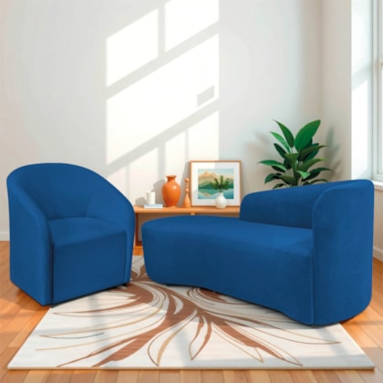 Kit Sofá Curvo França 140cm L.E e Poltrona Luiza Max Conforto, Elegância e Design Moderno Linho Azul Royal