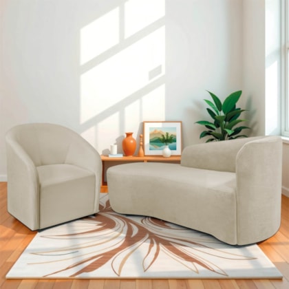 Kit Sofá Curvo França 140cm L.E e Poltrona Luiza Max Conforto, Elegância e Design Moderno Linho Bege