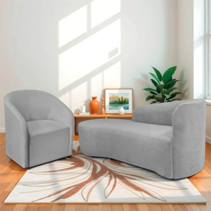 Kit Sofá Curvo França 140cm L.E e Poltrona Luiza Max Conforto, Elegância e Design Moderno Linho Cinza Claro