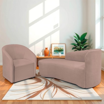 Kit Sofá Curvo França 140cm L.E e Poltrona Luiza Max Conforto, Elegância e Design Moderno Linho Rose