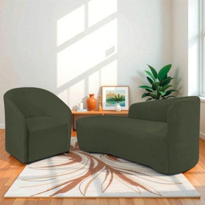 Kit Sofá Curvo França 140cm L.E e Poltrona Luiza Max Conforto, Elegância e Design Moderno Linho Verde