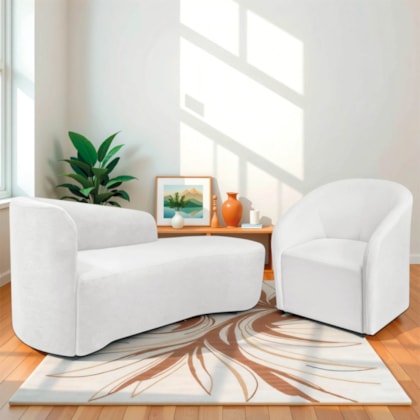 Kit Sofá Curvo França 140cm LD. e Poltrona Luiza Max Conforto, Elegância e Design Moderno Bouclé Branco