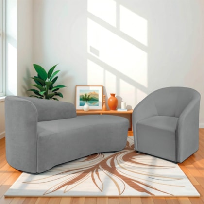 Kit Sofá Curvo França 140cm LD. e Poltrona Luiza Max Conforto, Elegância e Design Moderno Bouclé Cinza