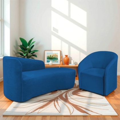 Kit Sofá Curvo França 140cm LD. e Poltrona Luiza Max Conforto, Elegância e Design Moderno Linho Azul Royal