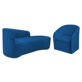 Kit Sofá Curvo França 140cm LD. e Poltrona Luiza Max Conforto, Elegância e Design Moderno Linho Azul Royal
