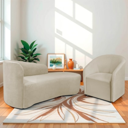 Kit Sofá Curvo França 140cm LD. e Poltrona Luiza Max Conforto, Elegância e Design Moderno Linho Bege