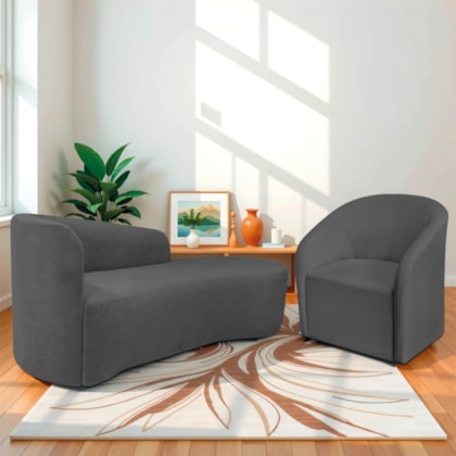 Kit Sofá Curvo França 140cm LD. e Poltrona Luiza Max Conforto, Elegância e Design Moderno Linho Cinza Escuro