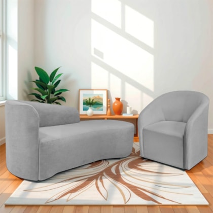 Kit Sofá Curvo França 140cm LD. e Poltrona Luiza Max Conforto, Elegância e Design Moderno Linho Cinza Claro