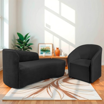 Kit Sofá Curvo França 140cm LD. e Poltrona Luiza Max Conforto, Elegância e Design Moderno Linho Preto