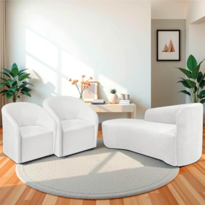 Kit Sofá Curvo França 160cm L.E e 2 Poltronas Luiza Max Conforto, Elegância e Design Moderno Bouclé Branco