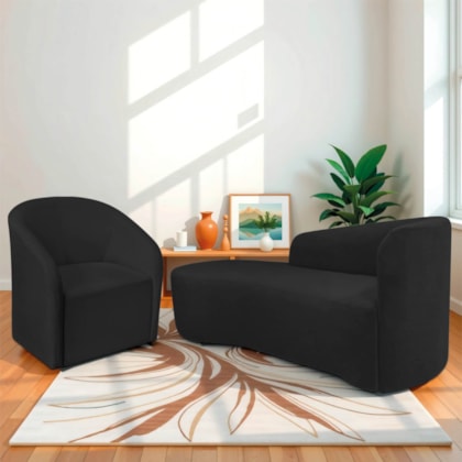 Kit Sofá Curvo França 160cm L.E e Poltrona Luiza Max Conforto, Elegância e Design Moderno Bouclé Preto