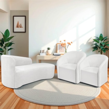 Kit Sofá Curvo França 160cm LD. e 2 Poltronas Luiza Max Conforto, Elegância e Design Moderno Bouclé Branco