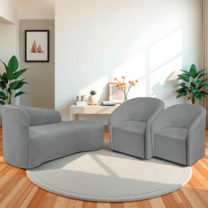 Kit Sofá Curvo França 160cm LD. e 2 Poltronas Luiza Max Conforto, Elegância e Design Moderno Bouclé Cinza