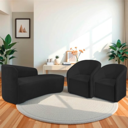 Kit Sofá Curvo França 160cm LD. e 2 Poltronas Luiza Max Conforto, Elegância e Design Moderno Bouclé Preto
