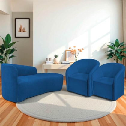Kit Sofá Curvo França 160cm LD. e 2 Poltronas Luiza Max Conforto, Elegância e Design Moderno Linho Azul Royal