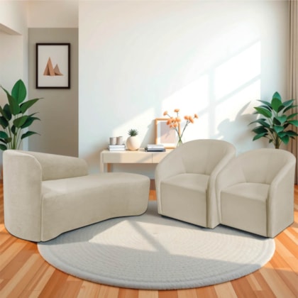 Kit Sofá Curvo França 160cm LD. e 2 Poltronas Luiza Max Conforto, Elegância e Design Moderno Linho Bege