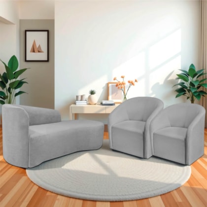 Kit Sofá Curvo França 160cm LD. e 2 Poltronas Luiza Max Conforto, Elegância e Design Moderno Linho Cinza Claro