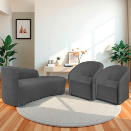 Kit Sofá Curvo França 160cm LD. e 2 Poltronas Luiza Max Conforto, Elegância e Design Moderno Linho Cinza Escuro