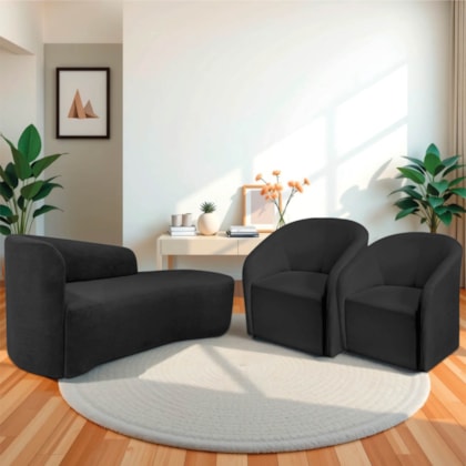 Kit Sofá Curvo França 160cm LD. e 2 Poltronas Luiza Max Conforto, Elegância e Design Moderno Linho Preto