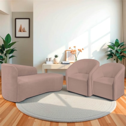 Kit Sofá Curvo França 160cm LD. e 2 Poltronas Luiza Max Conforto, Elegância e Design Moderno Linho Rose