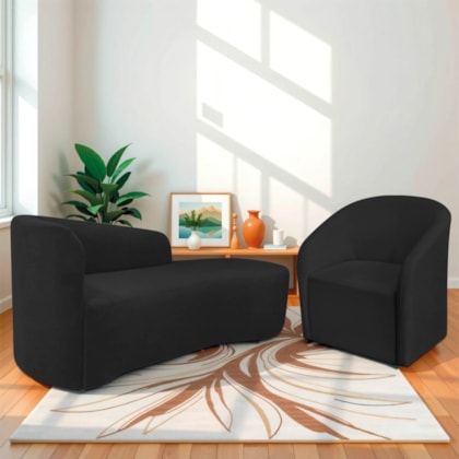 Kit Sofá Curvo França 160cm LD. e Poltrona Luiza Max Conforto, Elegância e Design Moderno Bouclé Preto