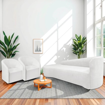 Kit Sofá Curvo França 180cm L.E e 2 Poltronas Luiza Max Conforto, Elegância e Design Moderno Bouclé Branco