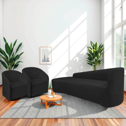 Kit Sofá Curvo França 180cm L.E e 2 Poltronas Luiza Max Conforto, Elegância e Design Moderno Bouclé Preto