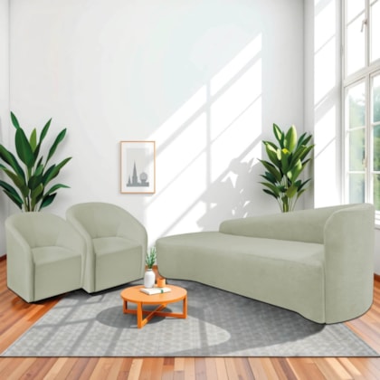 Kit Sofá Curvo França 180cm L.E e 2 Poltronas Luiza Max Conforto, Elegância e Design Moderno Bouclé Verde Oliva