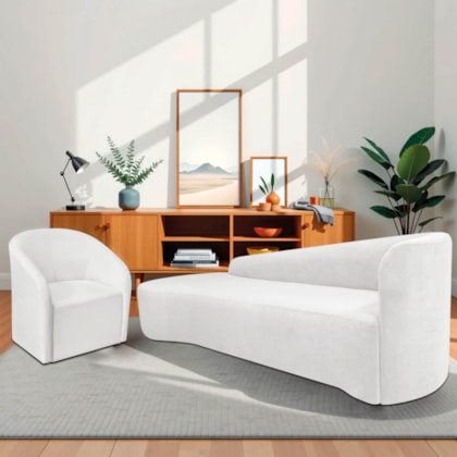Kit Sofá Curvo França 180cm L.E e Poltrona Luiza Max Conforto, Elegância e Design Moderno Bouclé Branco