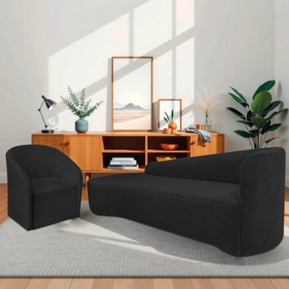 Kit Sofá Curvo França 180cm L.E e Poltrona Luiza Max Conforto, Elegância e Design Moderno Bouclé Preto