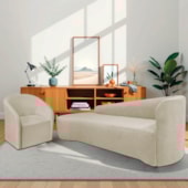 Kit Sofá Curvo França 180cm L.E e Poltrona Luiza Max Conforto, Elegância e Design Moderno Linho Bege
