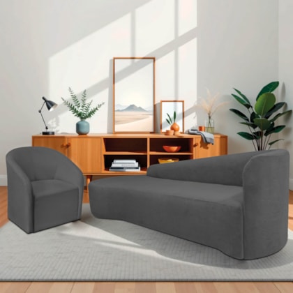 Kit Sofá Curvo França 180cm L.E e Poltrona Luiza Max Conforto, Elegância e Design Moderno Linho Cinza Escuro