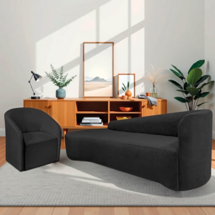 Kit Sofá Curvo França 180cm L.E e Poltrona Luiza Max Conforto, Elegância e Design Moderno Linho Preto
